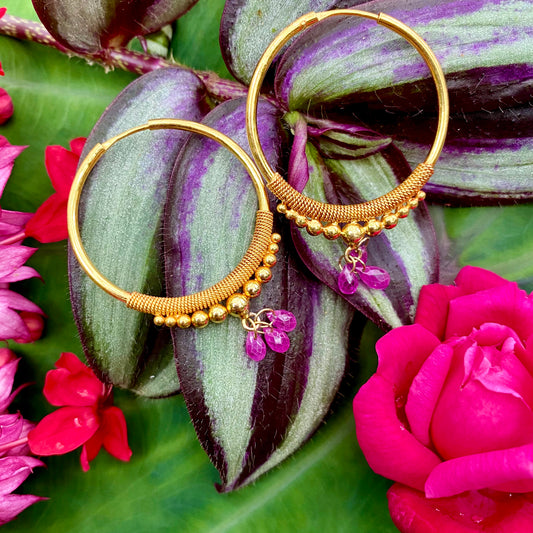 Golden Droplet Hoops with Rubies
