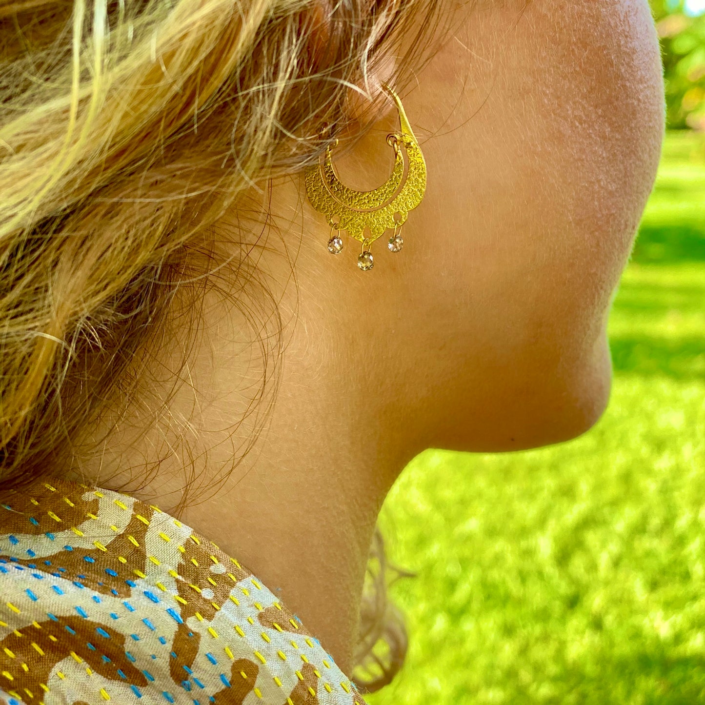 Crescent Dangle Gold Hoops with Dangling Diamonds