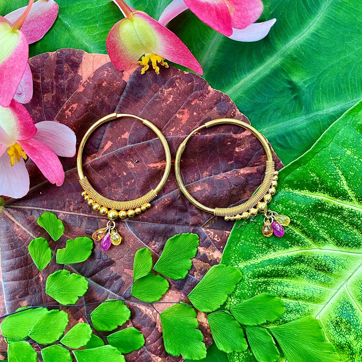 Golden Droplet Hoops with Sunset Sapphires, Large (30MM)