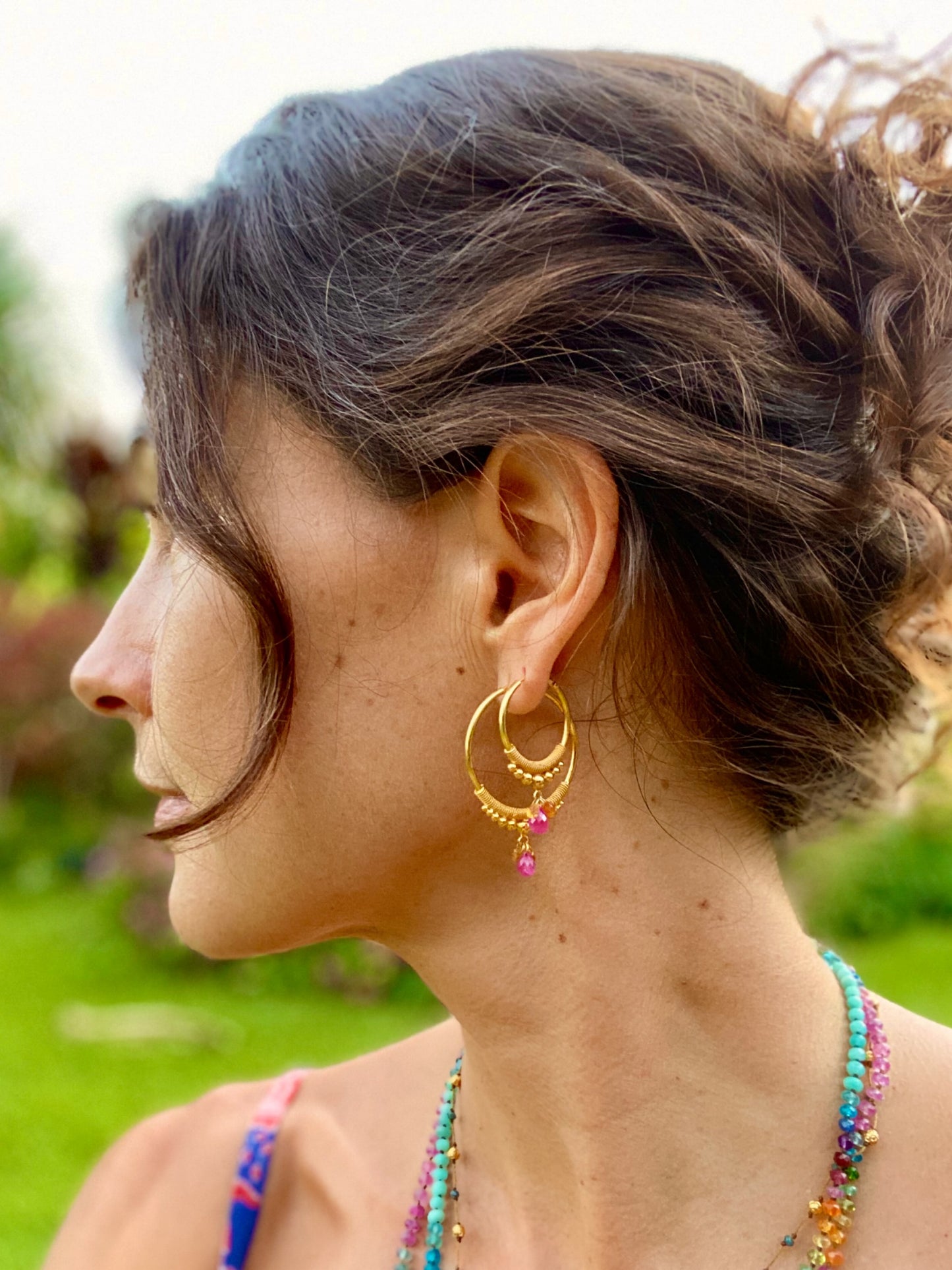 Golden Droplet Hoops with Sunset Sapphires, Large (30MM)