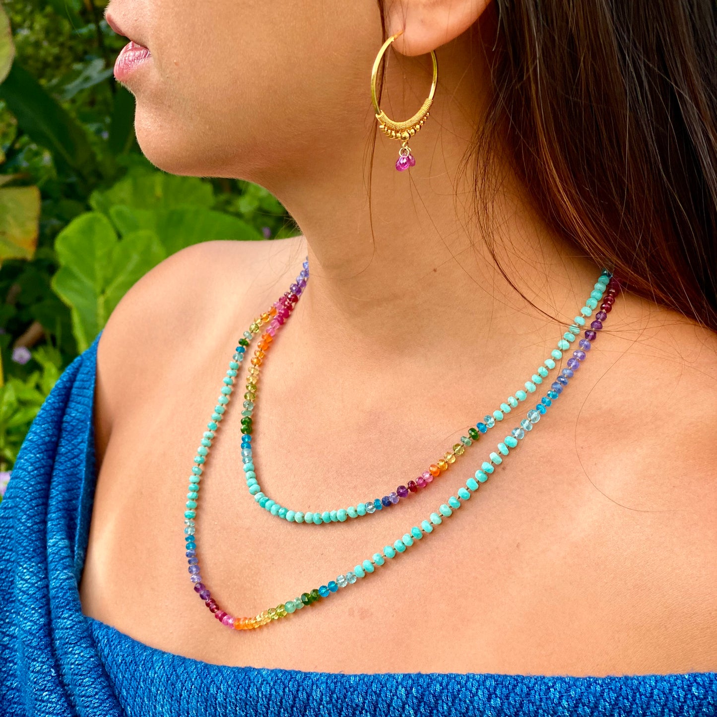 Golden Droplet Hoops with Sunset Sapphires, Large (30MM)
