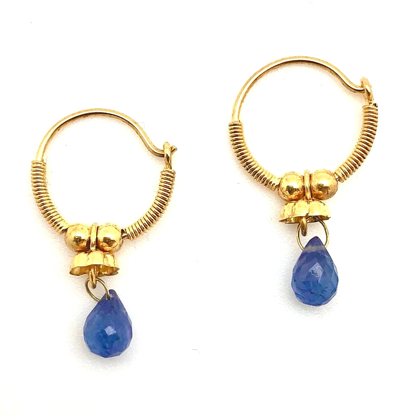 Golden Droplet Hoops with Tanzanite, Baby (15MM)