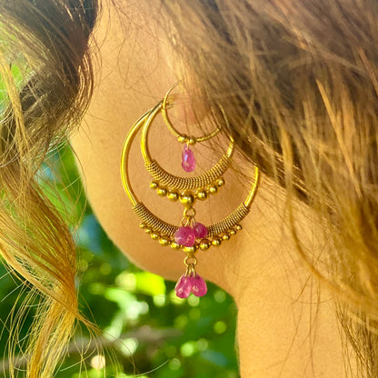 Golden Droplet Hoops with Rubies