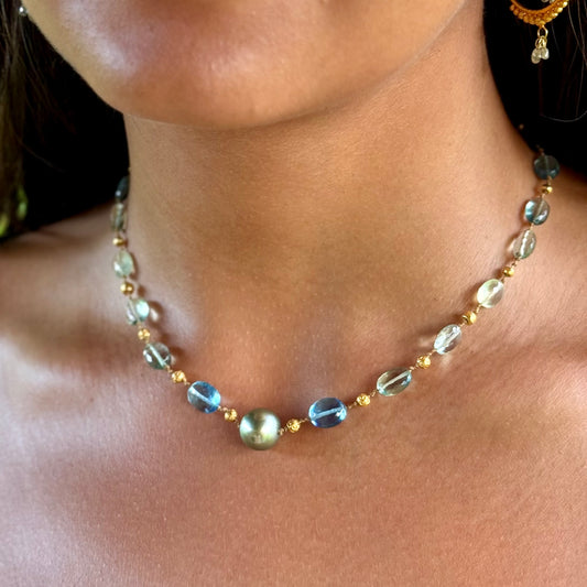 Aquamarine & Fluorite with Tahitian Pearl & Gold
