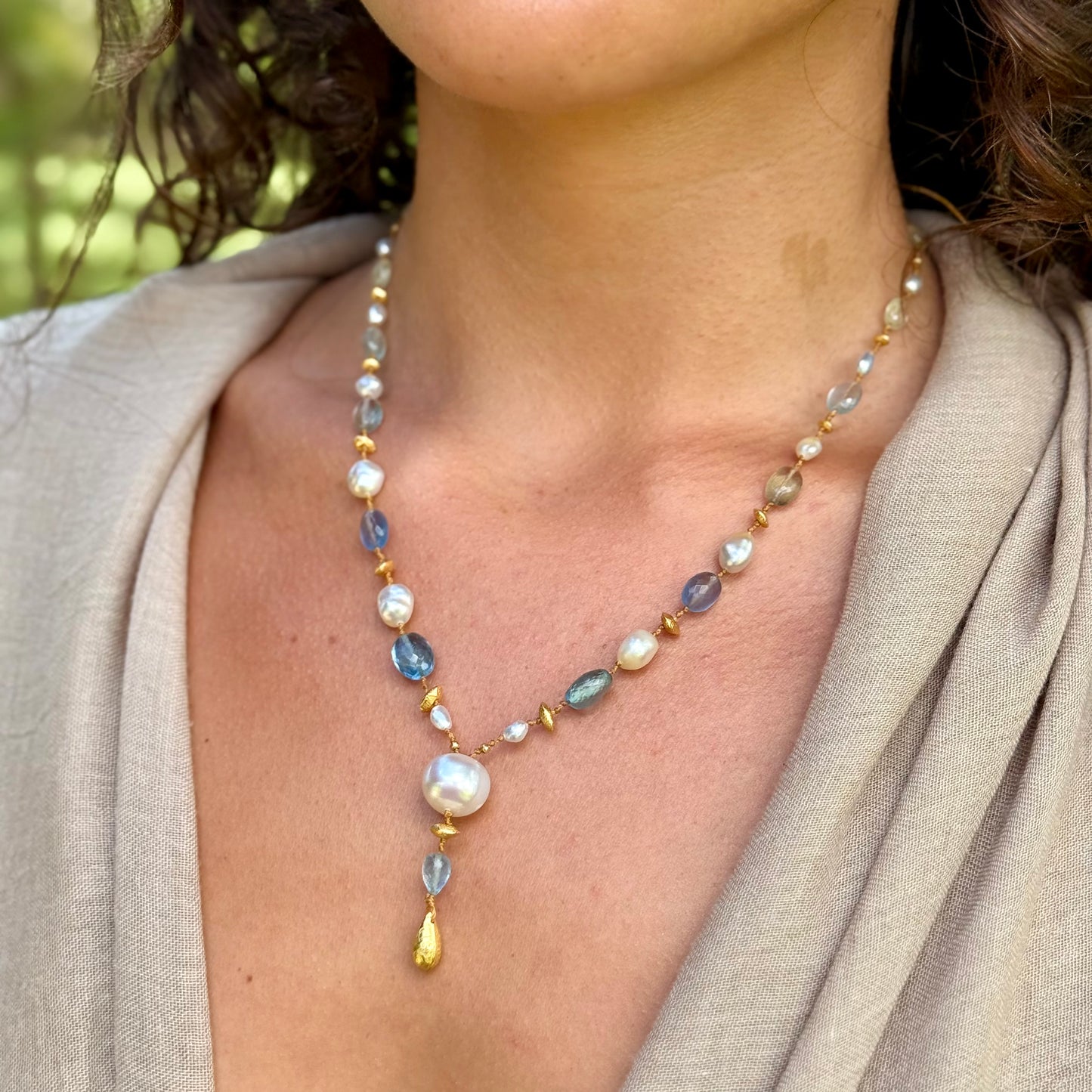 Aquamarine Fluorite and South Sea Keshi Pearl Kulu Nani
