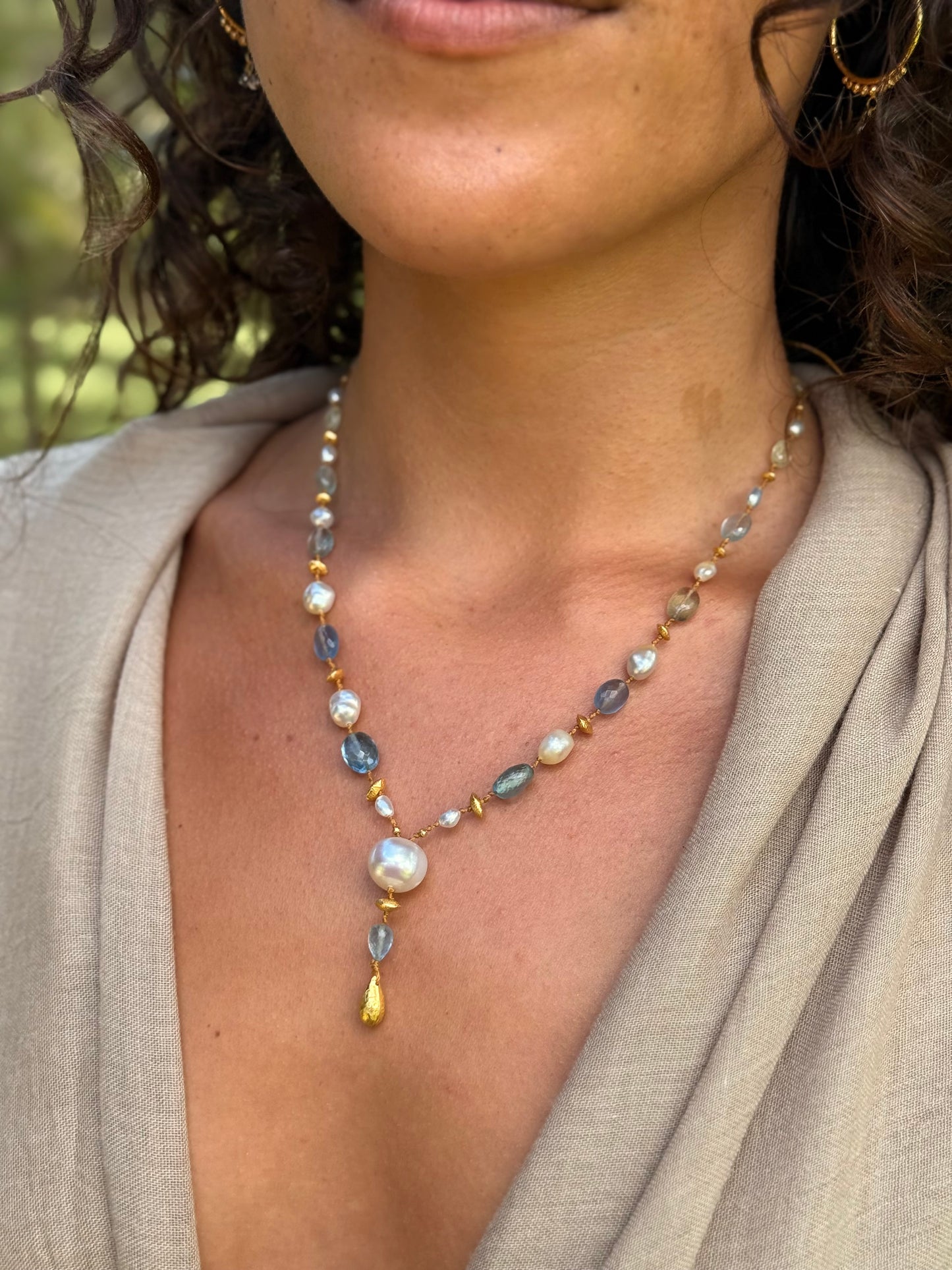 Aquamarine Fluorite and South Sea Keshi Pearl Kulu Nani