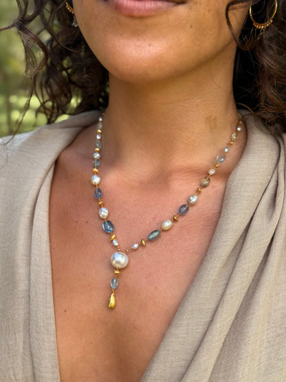 Aquamarine Fluorite and South Sea Keshi Pearl Kulu Nani