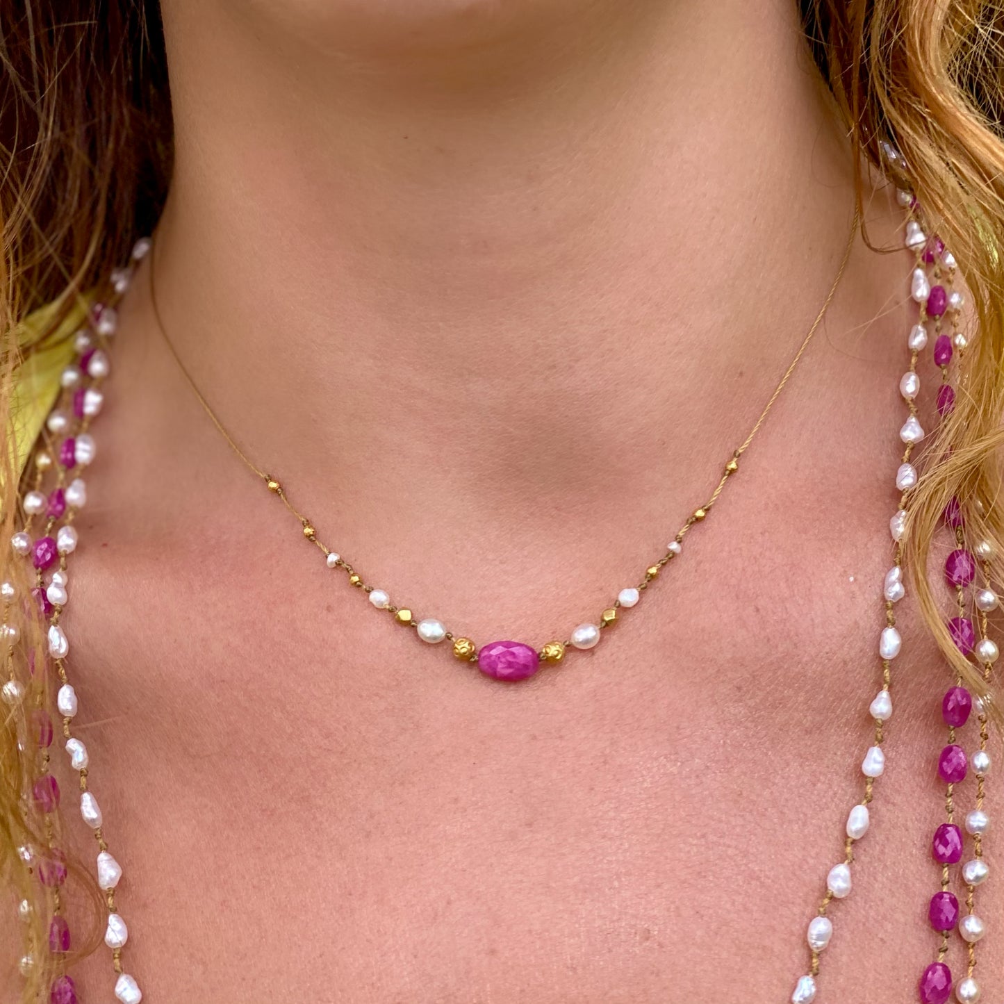 Pink Sapphire with South Sea Keshi & Gold Accent Strand