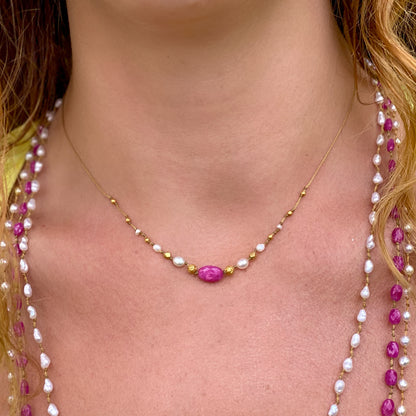 Pink Sapphire with South Sea Keshi & Gold Accent Strand
