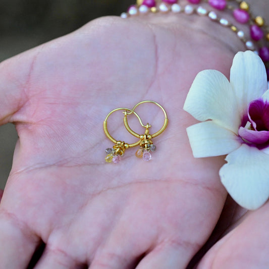 Golden Droplet Hoops with Pastel Sapphires, Baby (15mm)