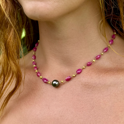 Pink Sapphire Necklet with Tahitian Pearl & Gold