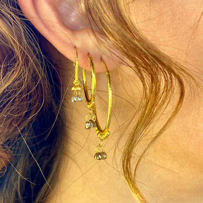 Hand-Hammered Golden Droplet Hoops with Dark Diamonds