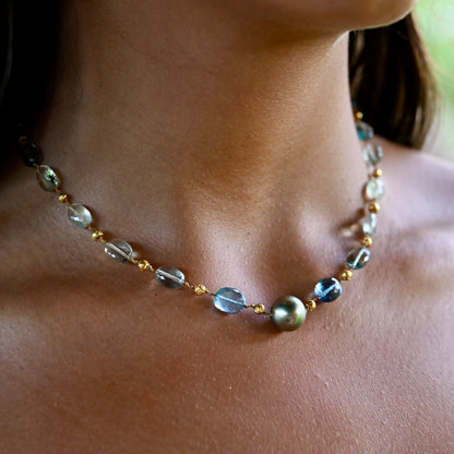 Aquamarine & Fluorite with Tahitian Pearl & Gold