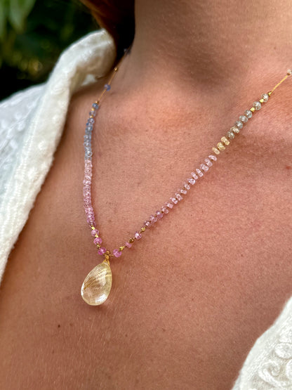 Rutilated Quartz with Pastel Sapphires & 18k Gold Mana