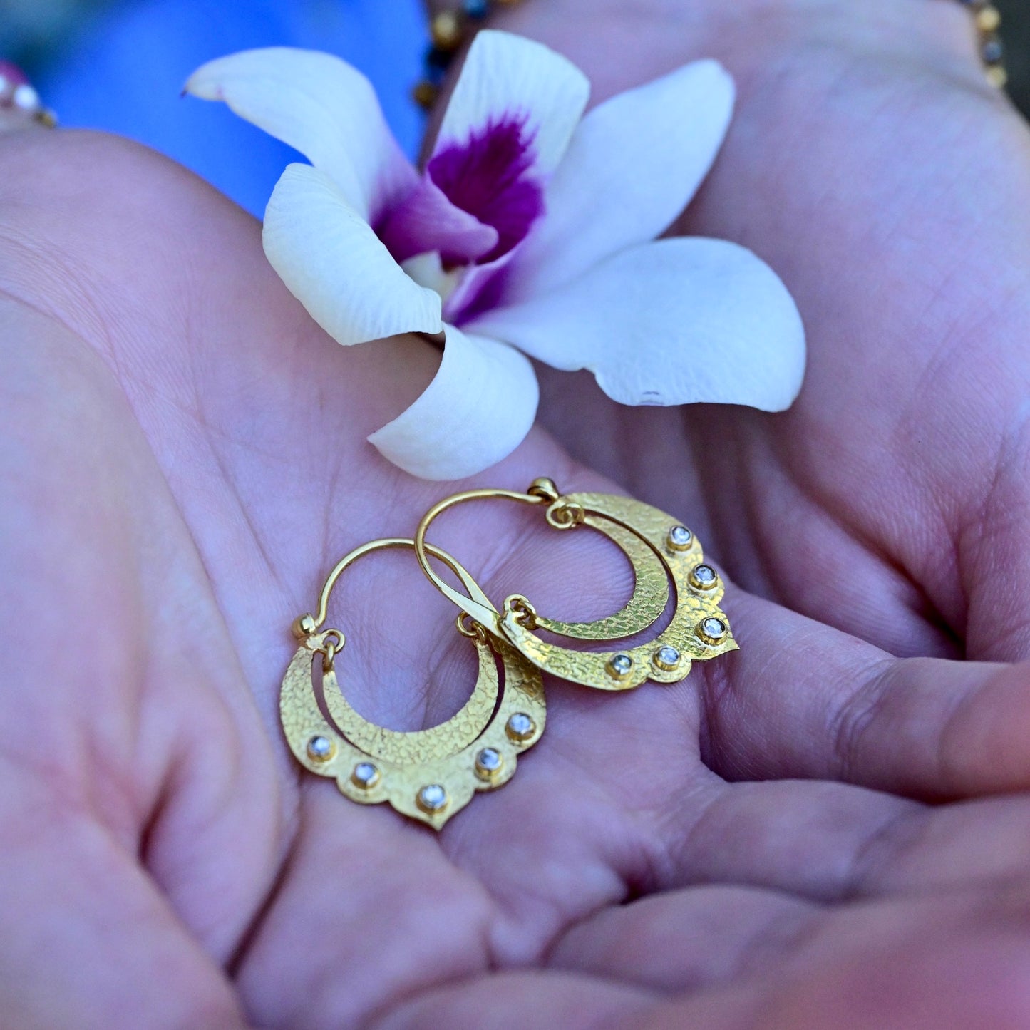 Crescent Dangle Gold Hoops with Studded Diamonds
