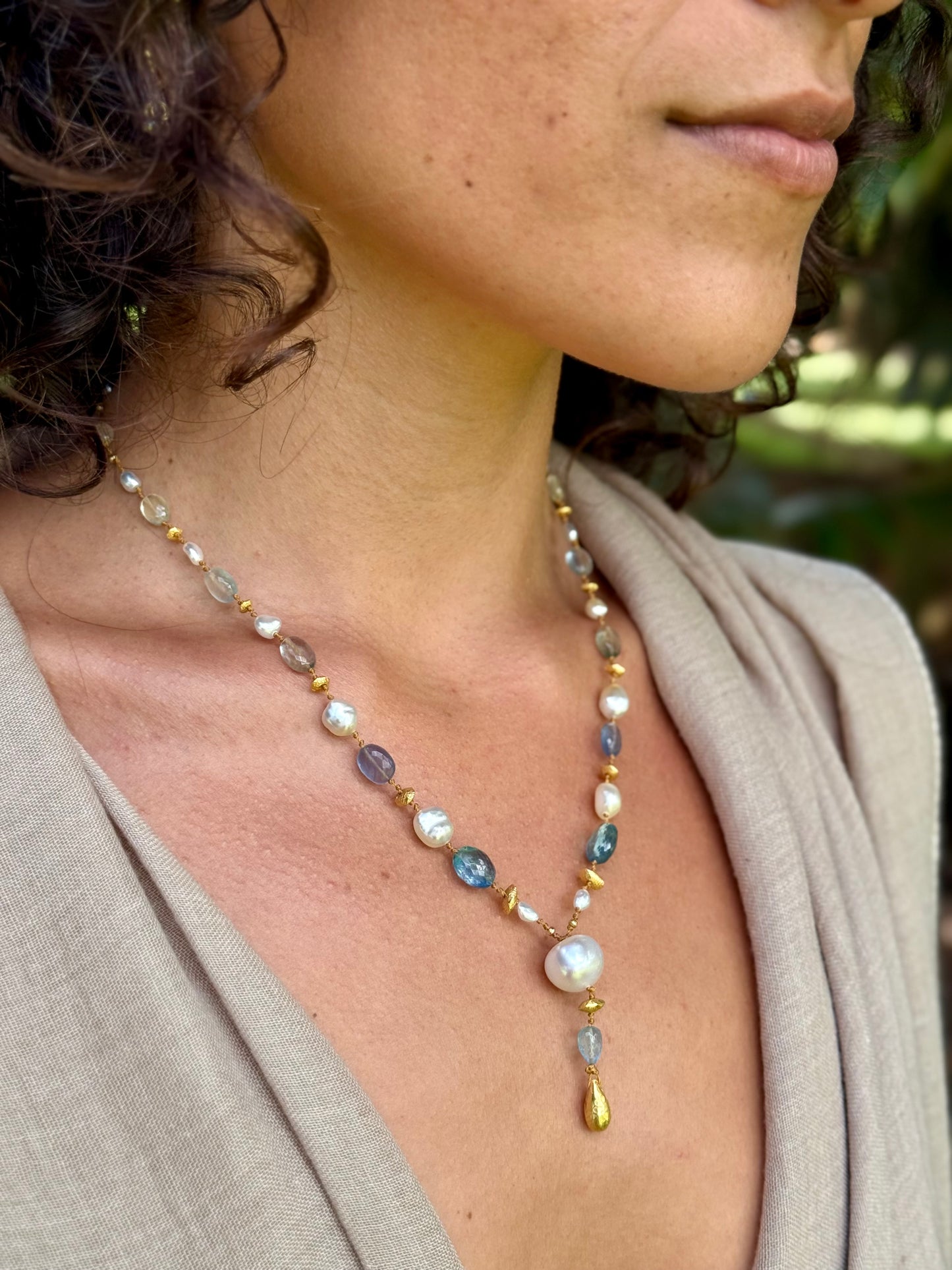 Aquamarine Fluorite and South Sea Keshi Pearl Kulu Nani