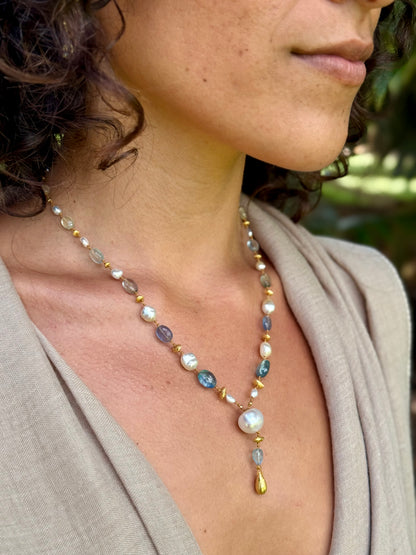 Aquamarine Fluorite and South Sea Keshi Pearl Kulu Nani