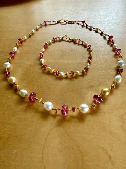 Custom Pink Tourmaline, South Sea Pearls and Gold Necklace and Bracelet set