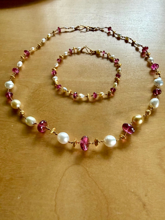 Custom Pink Tourmaline, South Sea Pearls and Gold Necklace and Bracelet set