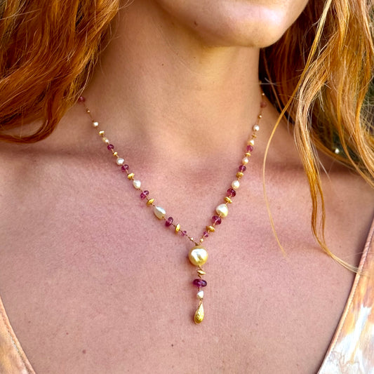 Pink Tourmaline and South Sea Pearl Kulu Nani