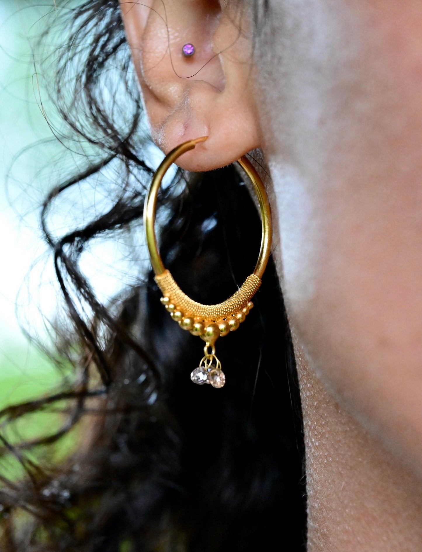 Golden Droplet Hoops with Natural Diamonds