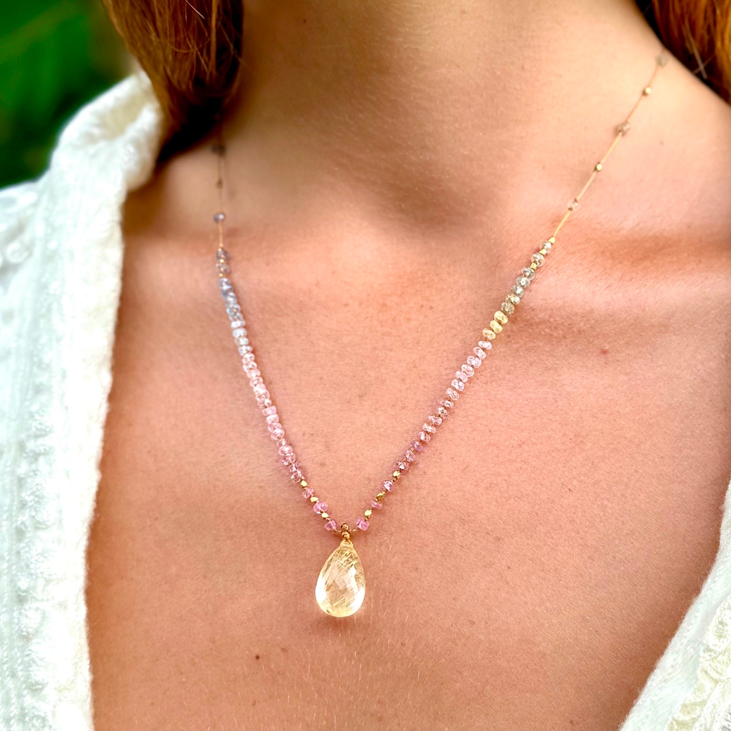 Rutilated Quartz with Pastel Sapphires & 18k Gold Mana