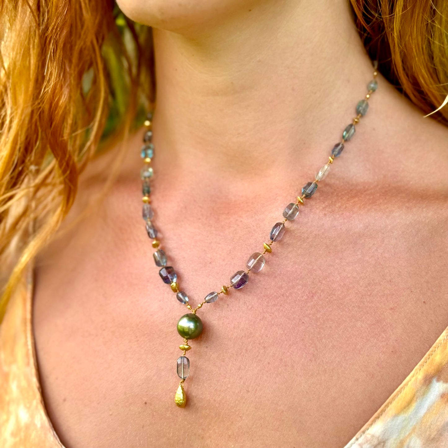 Teal Fluorite and Tahitian Pearl Kulu Nani