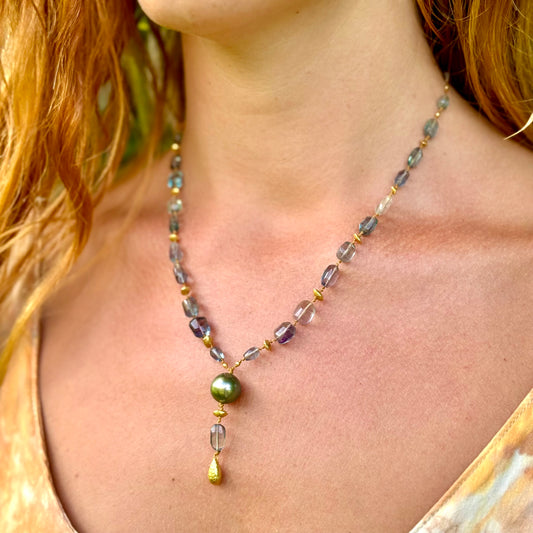 Teal Fluorite and Tahitian Pearl Kulu Nani