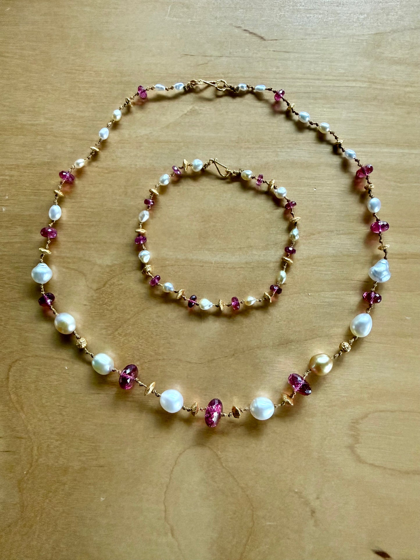 Custom Pink Tourmaline, South Sea Pearls and Gold Necklace and Bracelet set
