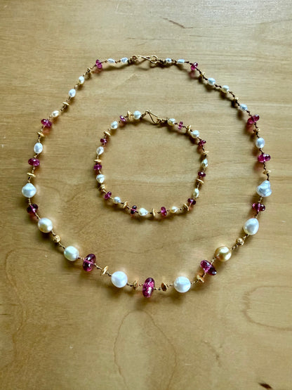 Custom Pink Tourmaline, South Sea Pearls and Gold Necklace and Bracelet set