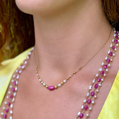 Pink Sapphire with South Sea Keshi & Gold Accent Strand