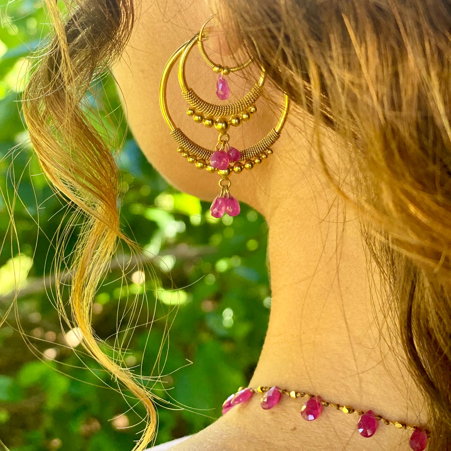 Golden Droplet Hoops with Rubies