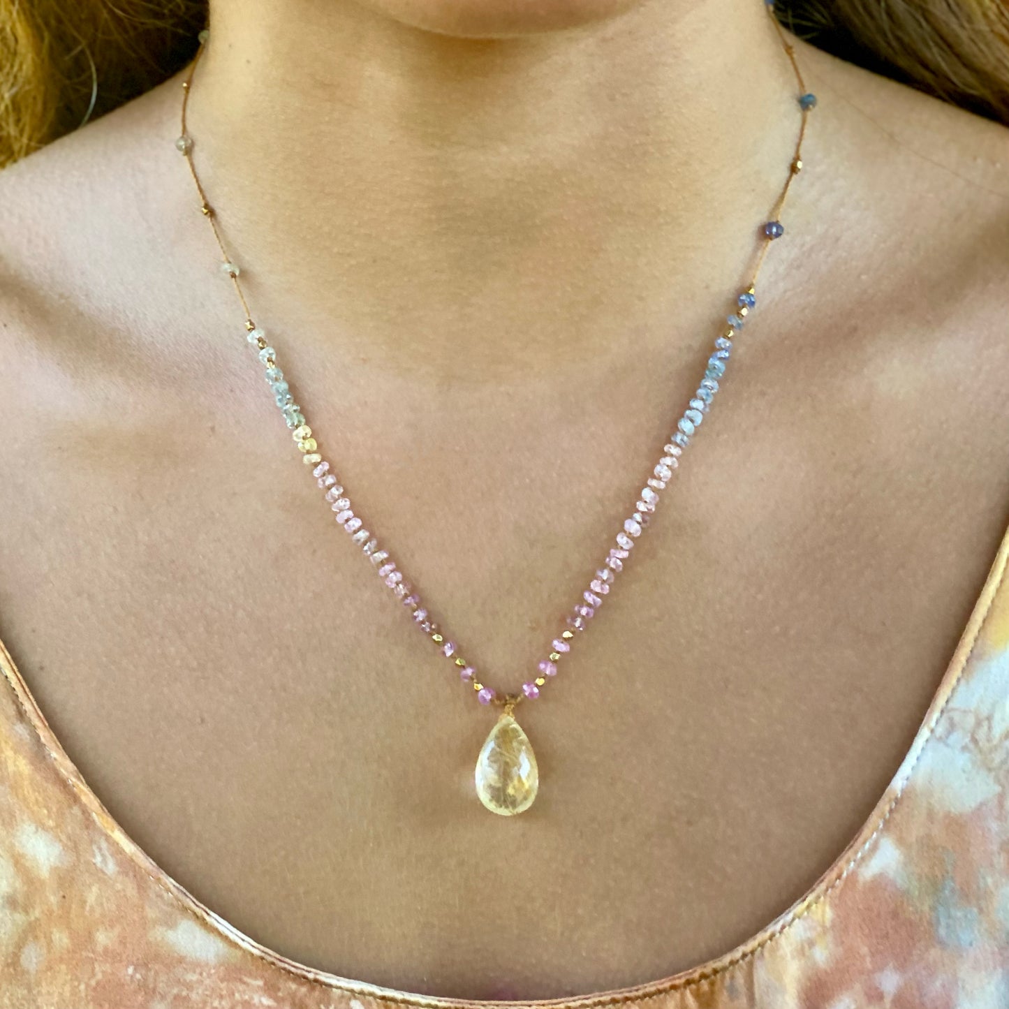 Pastel Sapphire with Rutilated Quartz & Gold Beads