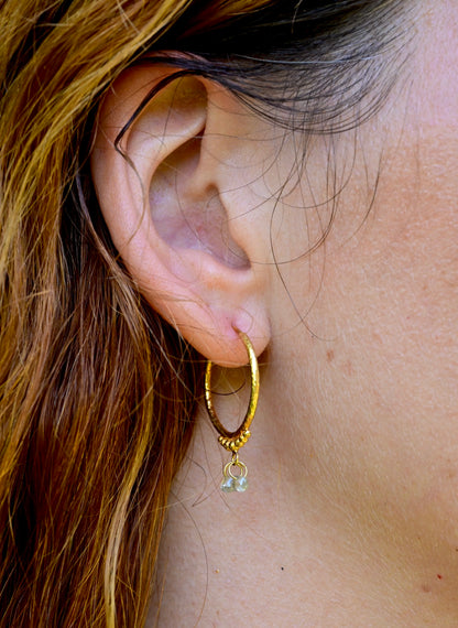 Hand-Hammered Golden Droplet Hoops with Light Diamonds