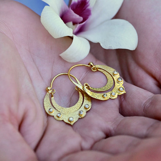 Crescent Dangle Gold Hoops with Studded Diamonds