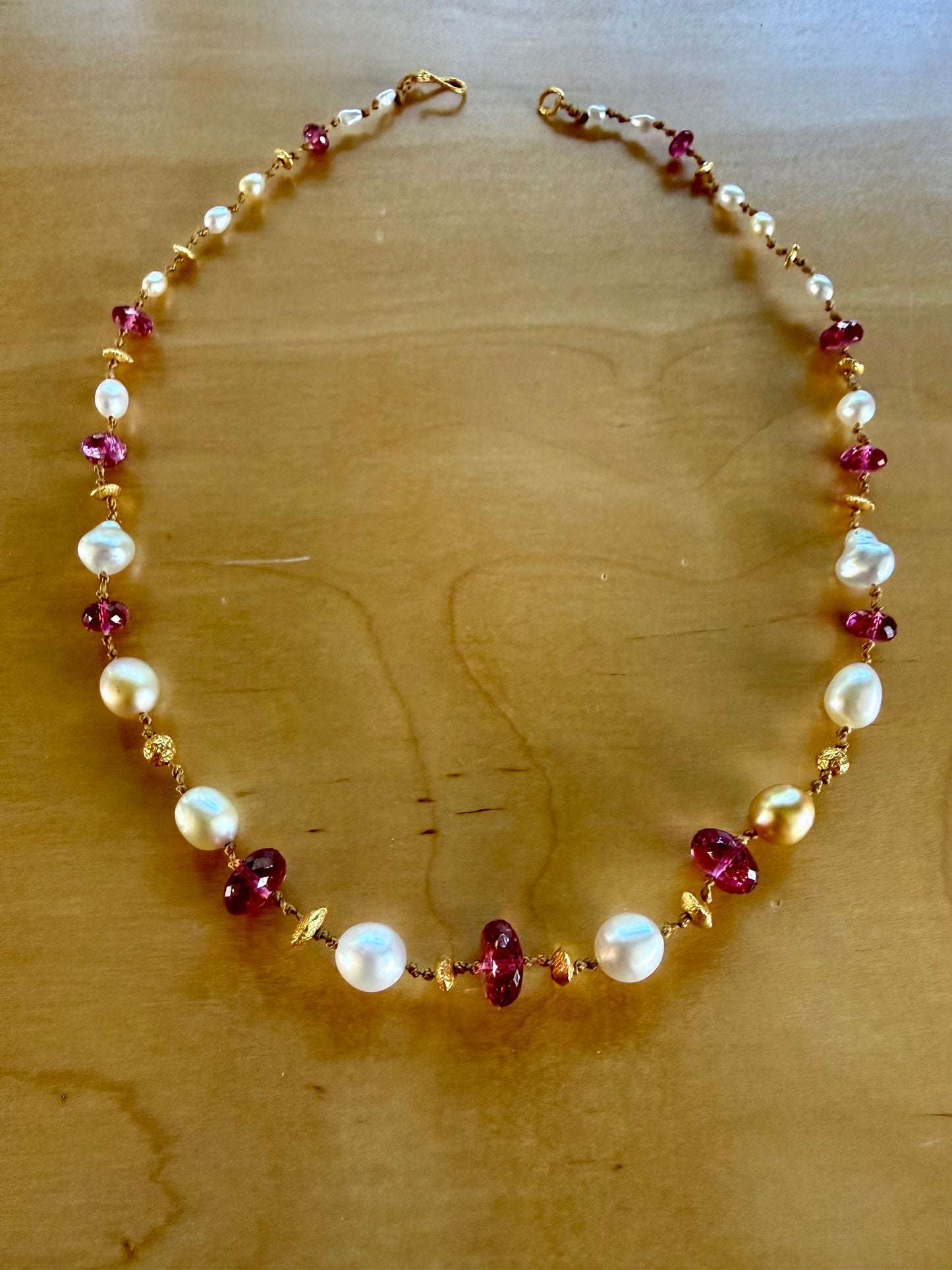 Custom Pink Tourmaline, South Sea Pearls and Gold Necklace and Bracelet set