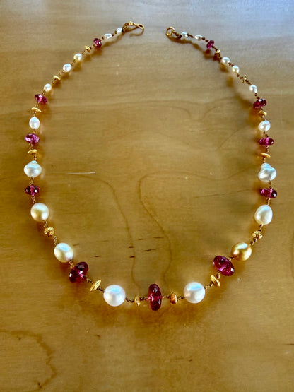 Custom Pink Tourmaline, South Sea Pearls and Gold Necklace and Bracelet set