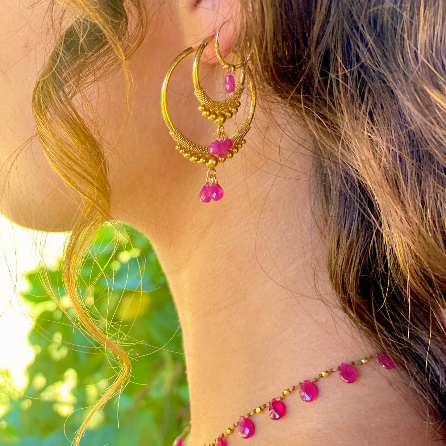 Golden Droplet Hoops with Rubies