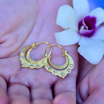 Crescent Dangle Gold Hoops with Studded Diamonds