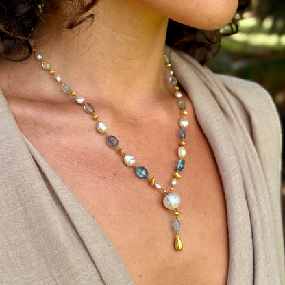 Aquamarine Fluorite and South Sea Keshi Pearl Kulu Nani