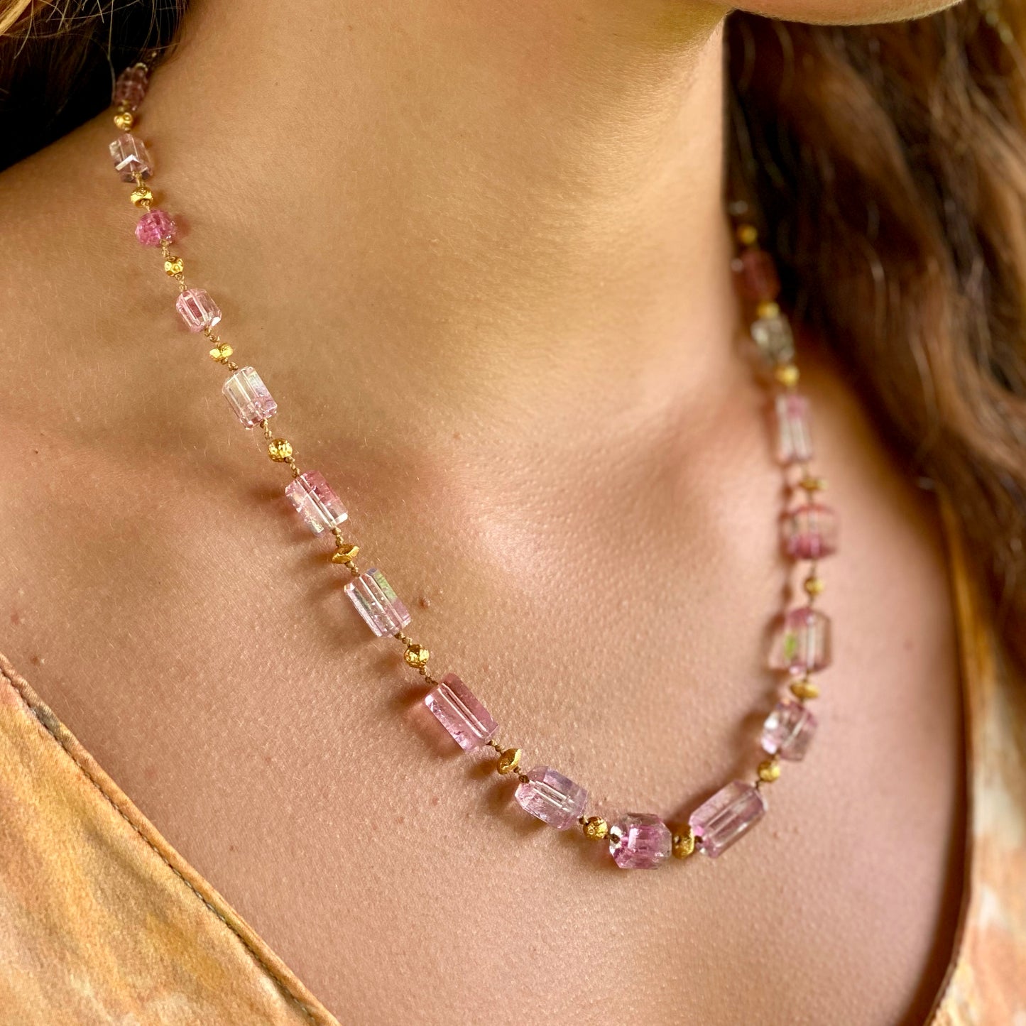 Pink Tourmaline Cylinders with Gold Beads