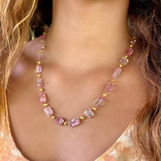 Pink Tourmaline Cylinders with Gold Beads