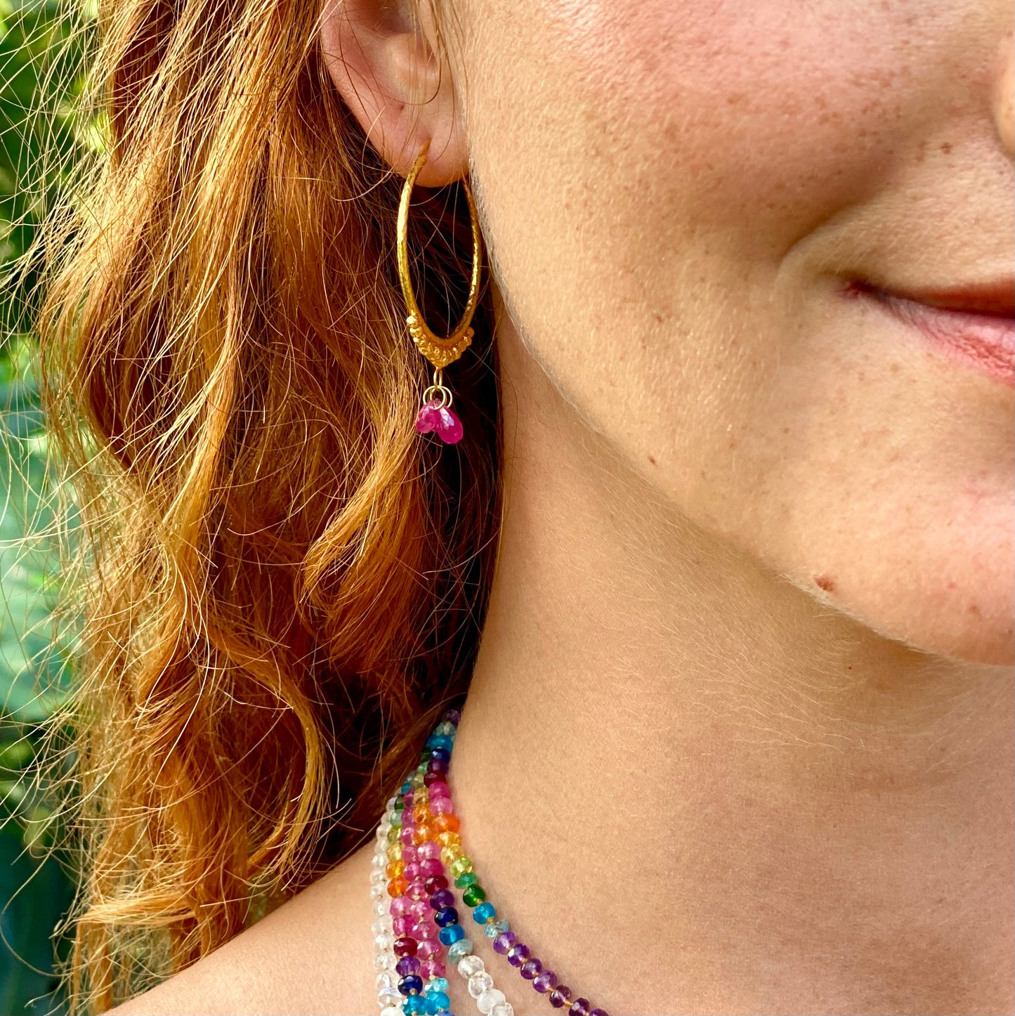 Hand-Hammered Golden Droplet Hoops with Rubies