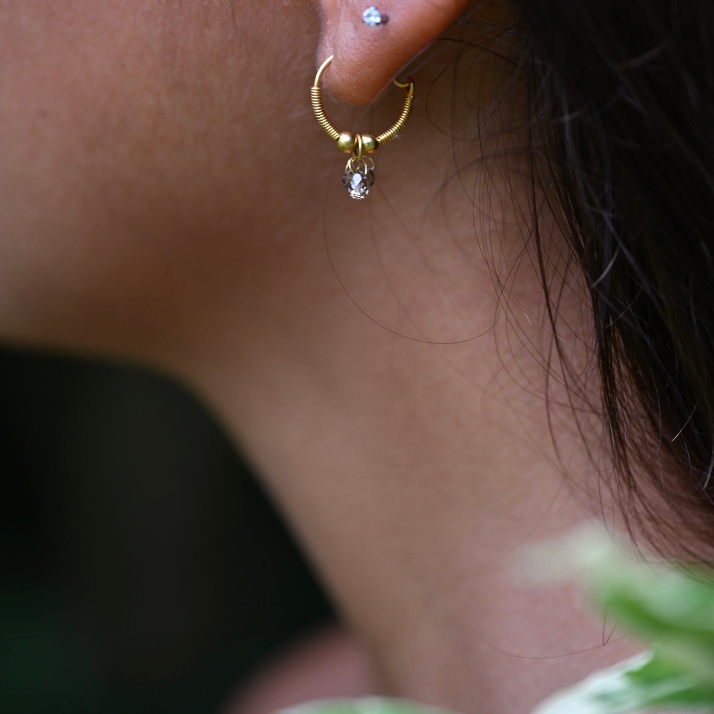 Golden Droplet Hoops with Natural Diamond Cluster, Baby (15mm)