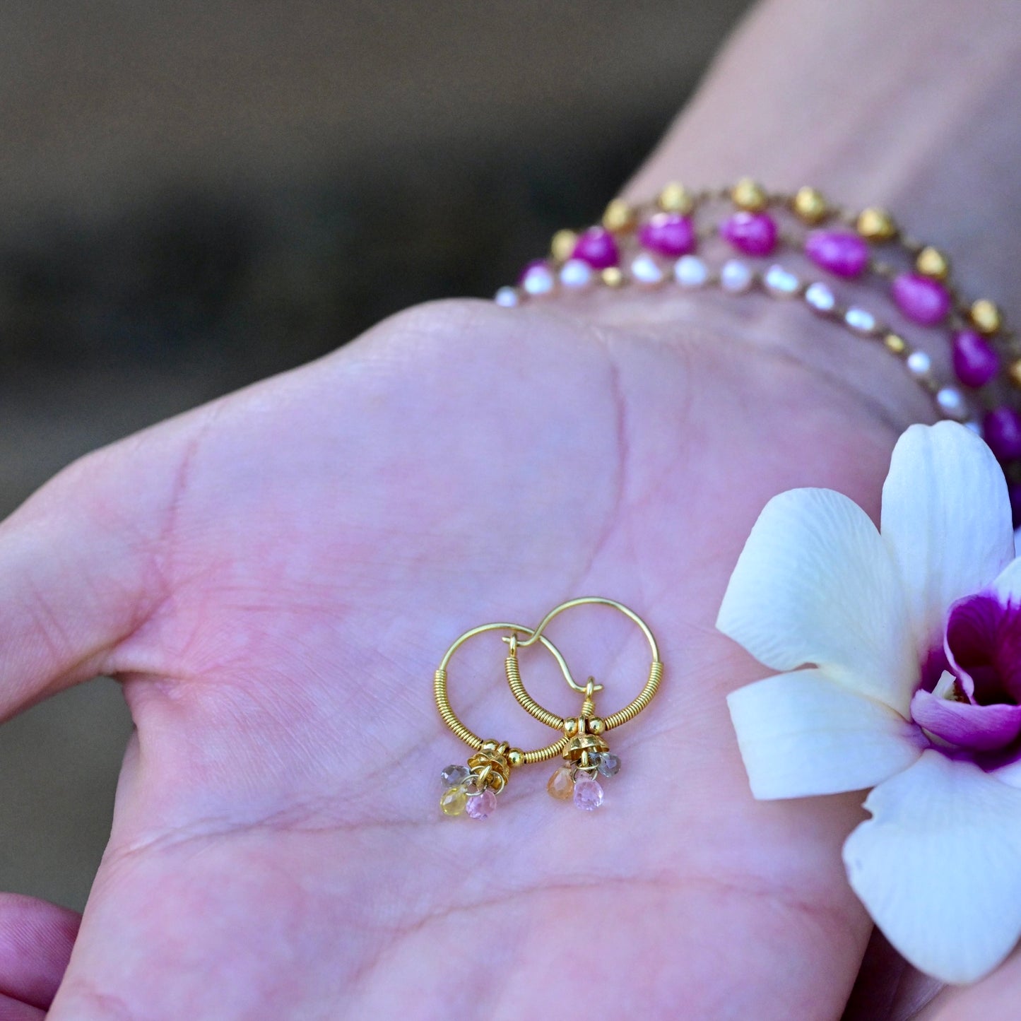 Golden Droplet Hoops with Pastel Sapphires, Baby (15mm)