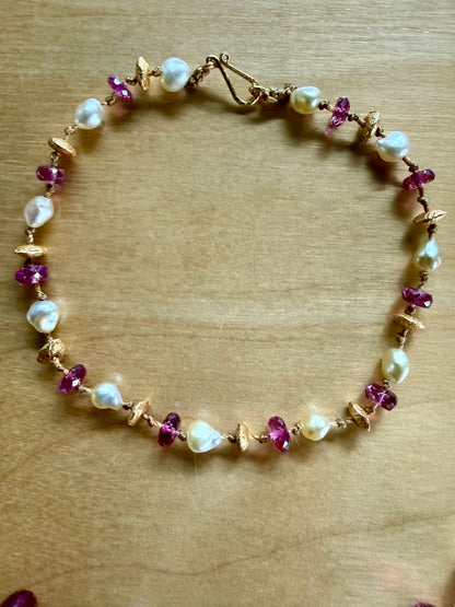 Custom Pink Tourmaline, South Sea Pearls and Gold Necklace and Bracelet set