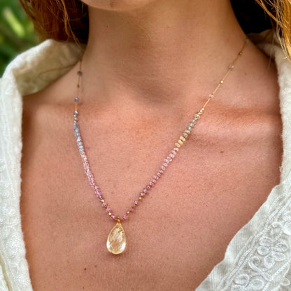 Rutilated Quartz with Pastel Sapphires & 18k Gold Mana