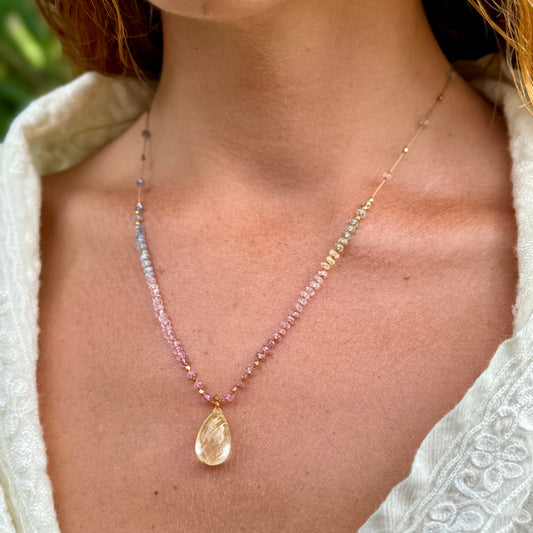 Rutilated Quartz with Pastel Sapphires & 18k Gold Mana