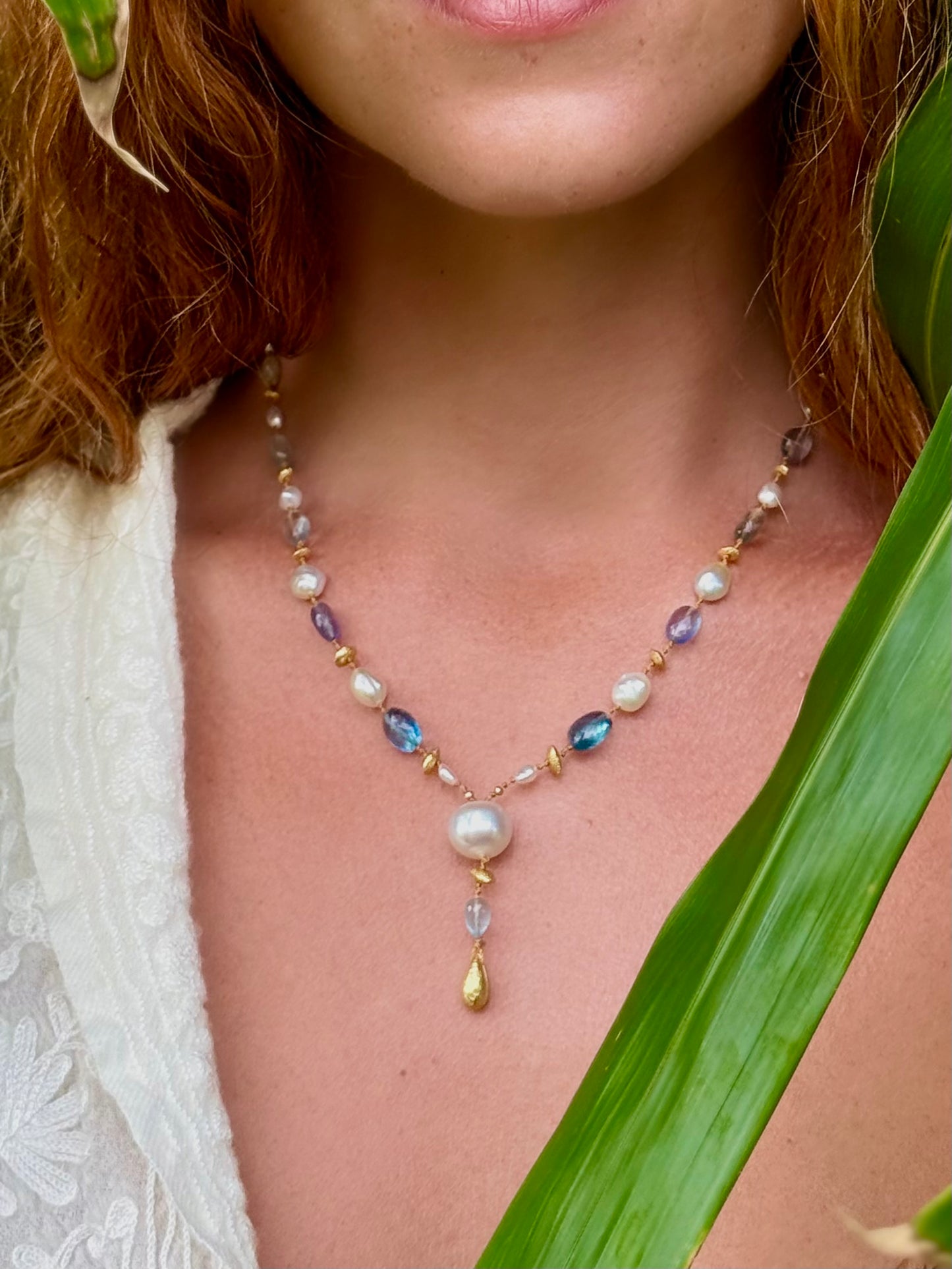 Aquamarine Fluorite and South Sea Keshi Pearl Kulu Nani