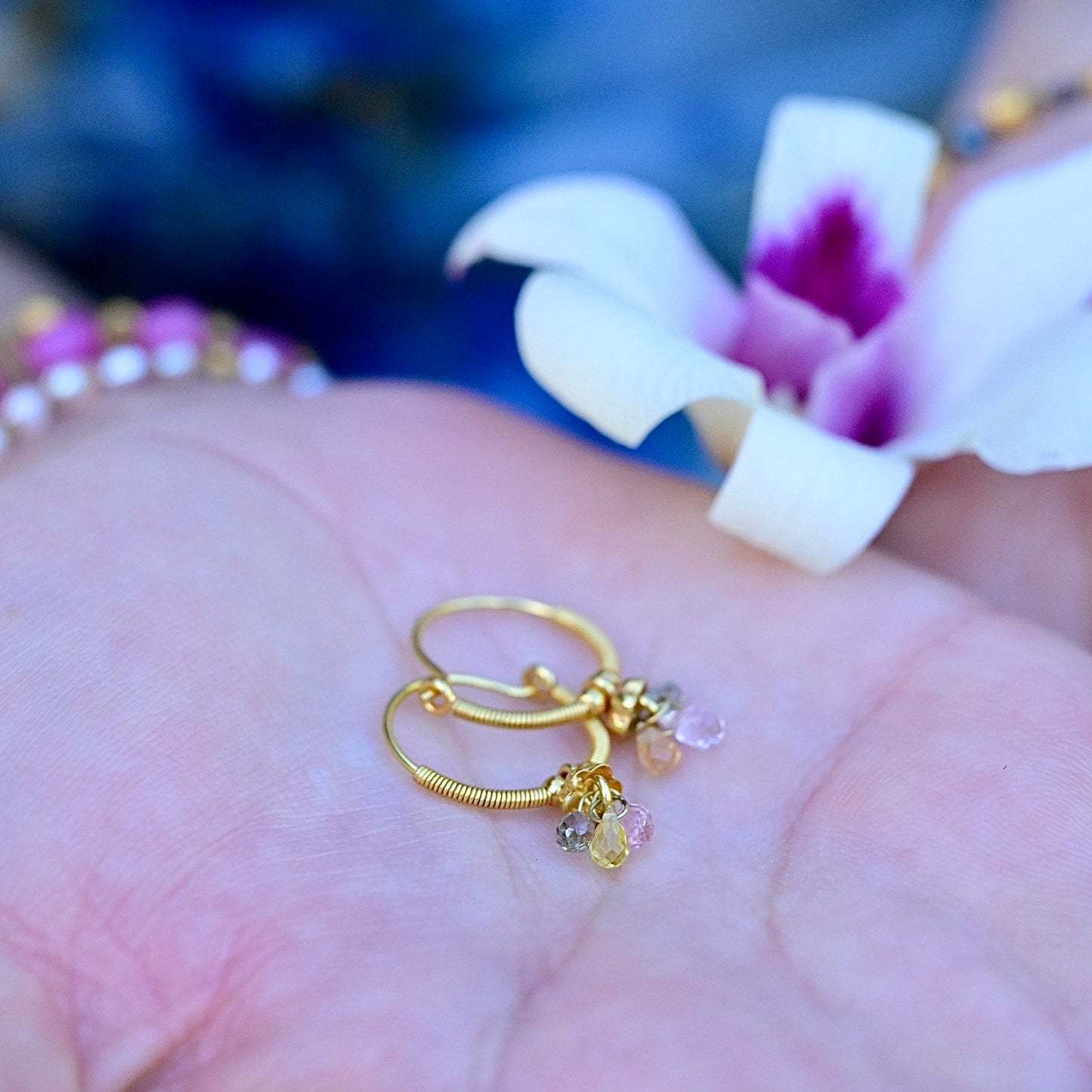 Golden Droplet Hoops with Pastel Sapphires, Baby (15mm)